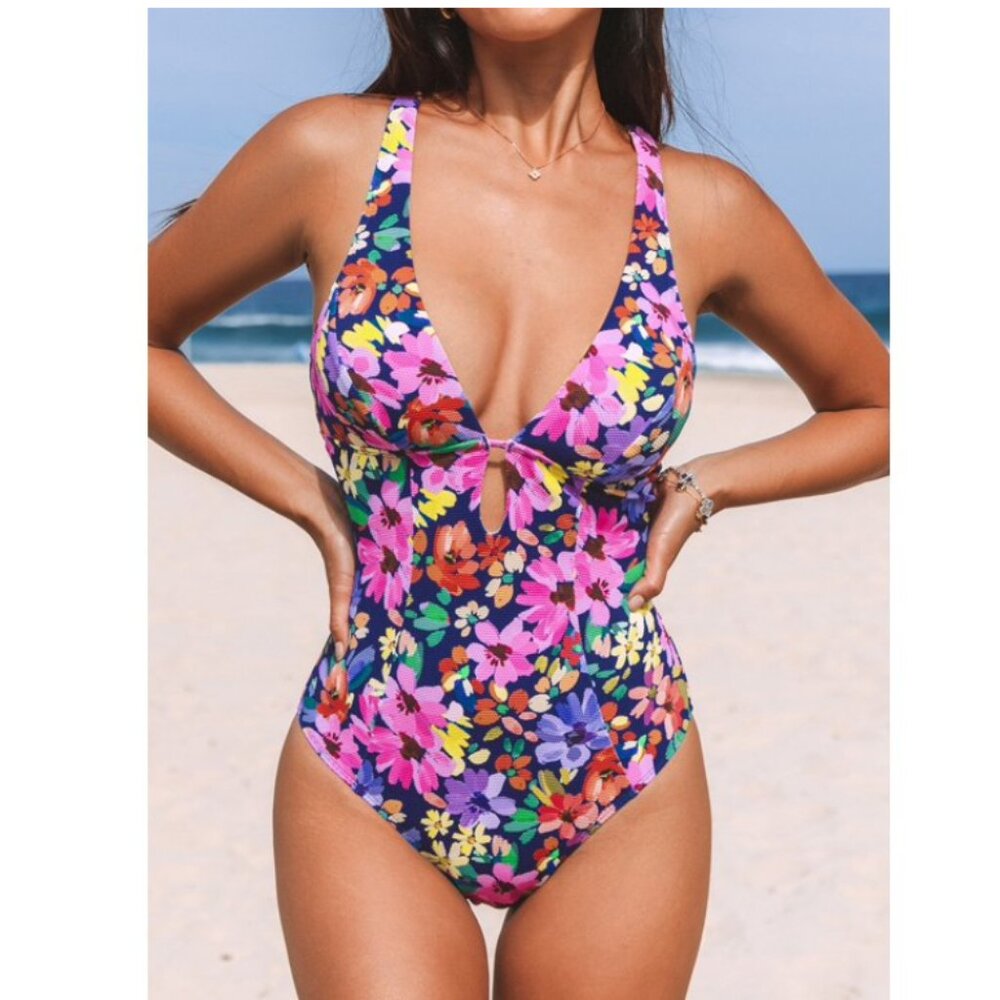 Cupshe Women's Ruffled One Piece Floral Swimsuit V Neck Lace Up Medium NWT - Picture 2 of 10